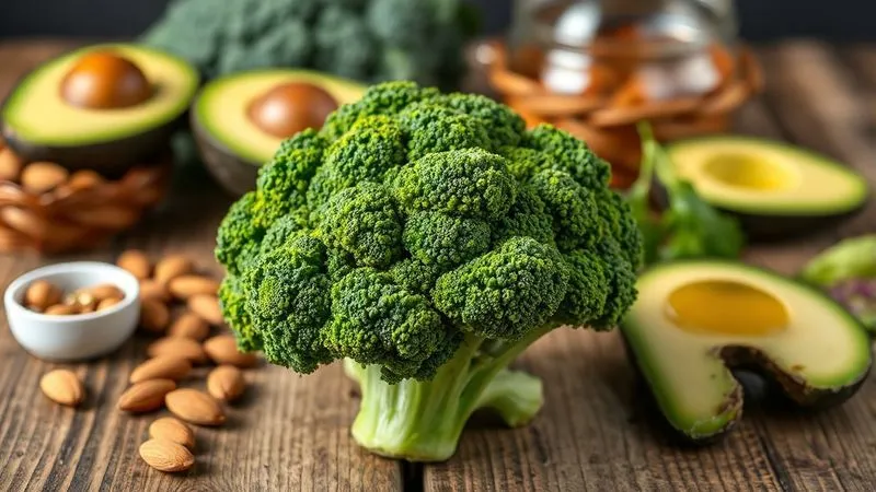 A vibrant, fresh head of broccoli surrounded by other keto-friendly ingredients like avocado, almonds, and olive oil on a rustic wooden table. Photorealistic, professional photography, 8K, cinematic lighting, sharp focus, depth of field, shot on a high-end DSLR, evoking healthy eating and abundance.
