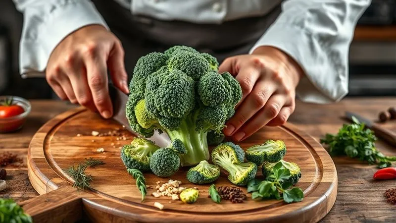 A skilled chef's hands are expertly chopping a fresh head of broccoli on a wooden cutting board, surrounded by various fresh herbs and spices, in a rustic kitchen setting. Photorealistic, professional photography, 8K, cinematic lighting, sharp focus, depth of field, shot on a high-end DSLR, conveying culinary expertise and freshness.