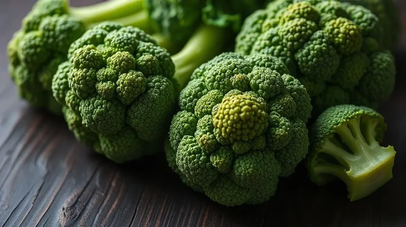 Photorealistic close-up of fresh, vibrant green broccoli florets glistening with moisture, arranged in a visually appealing way on a dark, rustic wooden table. Soft natural light, sharp focus on the textures, depth of field, 8K, professional photography, shot on a high-end DSLR.