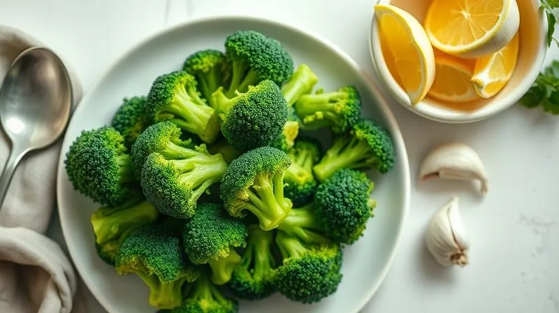 A professional overhead shot of a vibrant green steamed broccoli florets on a white plate, next to a small bowl of lemon wedges and fresh garlic cloves. The setting is clean and minimalist, with soft, diffused lighting. Photorealistic, 8K, sharp focus, depth of field, 8K, professional food photography, shot on a high-end DSLR, emphasizing fresh ingredients.