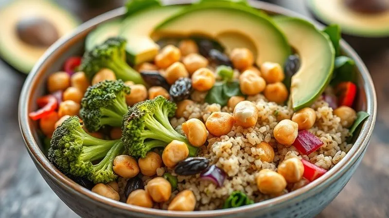 A beautifully styled photorealistic vegan Buddha bowl featuring vibrant steamed broccoli florets, quinoa, roasted chickpeas, avocado slices, and a colorful mix of fresh vegetables, drizzled with a light dressing. Bright, natural light, sharp focus, depth of field, 8K, professional food photography, shot on a high-end DSLR.