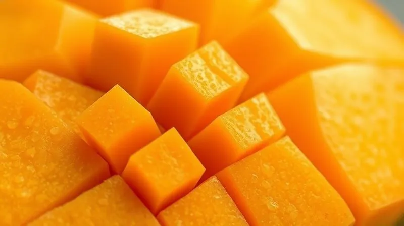 Photorealistic close-up of a perfectly ripe, sliced mango, showing its vibrant orange flesh and smooth texture, with a subtle glow from natural light. Professional photography, 8K, cinematic lighting, sharp focus, depth of field, shot on a high-end DSLR. The image should evoke freshness and natural sweetness.