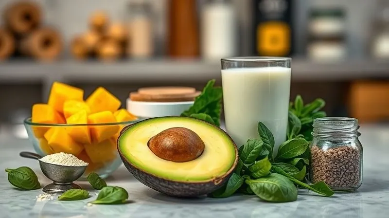 Photorealistic, professional photography, 8K, cinematic lighting, sharp focus, depth of field, shot on a high-end DSLR. A kitchen counter with neatly arranged ingredients for a healthy smoothie: a bowl of fresh mango cubes, a scoop of protein powder, half an avocado, a handful of spinach, a small jar of chia seeds, and a glass of almond milk. The layout should be clean and inviting, suggesting preparation and healthy eating.