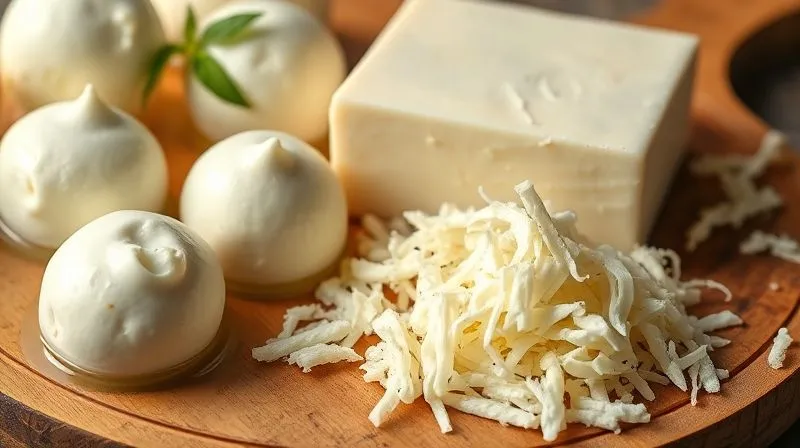 Photorealistic, professional photography, 8K, cinematic lighting, sharp focus, depth of field, shot on a high-end DSLR. A close-up of different types of mozzarella: fresh mozzarella balls in brine, a solid block of mozzarella, and a small pile of shredded mozzarella, all neatly arranged on a rustic wooden board. The focus is on the texture and subtle differences of each type, with soft, natural light.