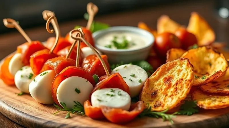 Photorealistic, professional photography, 8K, cinematic lighting, sharp focus, depth of field, shot on a high-end DSLR. A vibrant and appealing spread of low-carb snacks featuring mozzarella. This includes mini Caprese skewers, mozzarella wrapped in prosciutto, and crispy baked mozzarella chips, all artfully arranged on a serving platter with fresh herbs. The light is warm and inviting.