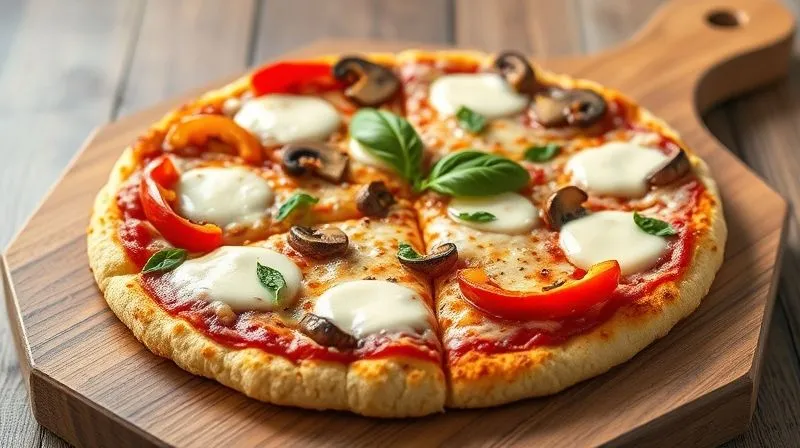 Photorealistic, professional photography, 8K, cinematic lighting, sharp focus, depth of field, shot on a high-end DSLR. A mouth-watering, freshly baked keto pizza on a cauliflower crust, generously topped with melted, bubbly mozzarella, colorful bell peppers, mushrooms, and fresh basil leaves. The pizza is sliced and placed on a rustic wooden board, ready to be served. Steam rises gently from the hot cheese.
