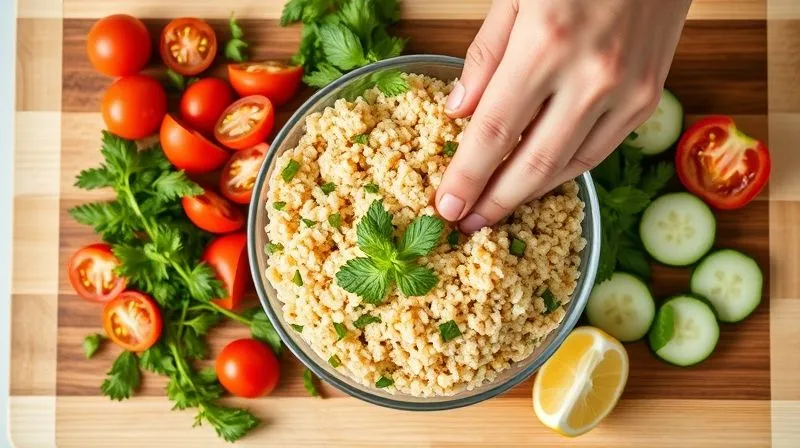 A vibrant, healthy bulgur salad being prepared on a clean wooden cutting board. Fresh ingredients like chopped parsley, mint, tomatoes, cucumbers, and lemon are artfully arranged around a bowl of cooked bulgur. A hand is gently tossing the ingredients. Photorealistic, professional photography, 8K, cinematic lighting, sharp focus, depth of field, shot on a high-end DSLR.