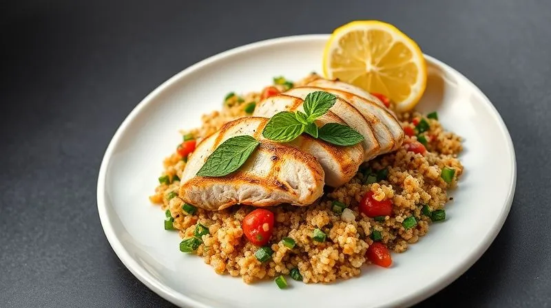 A perfectly plated, colorful bulgur tabouleh salad with grilled chicken breast, garnished with fresh mint leaves and a lemon wedge. The dish is presented on a minimalist white plate against a dark, textured background, with elegant, soft lighting highlighting the textures. Photorealistic, professional photography, 8K, cinematic lighting, sharp focus, depth of field, shot on a high-end DSLR.