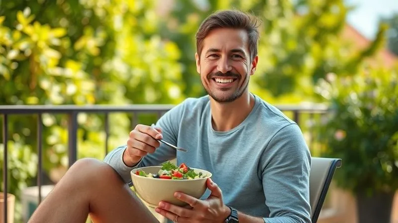 A person sitting outdoors on a sunny day, smiling and enjoying a healthy, colorful meal from a bowl. The setting is serene, perhaps a park or a balcony with lush greenery in the background. The person looks relaxed and content, symbolizing balance, well-being, and mindful eating. Photorealistic, professional photography, 8K, cinematic lighting, sharp focus, depth of field, shot on a high-end DSLR.