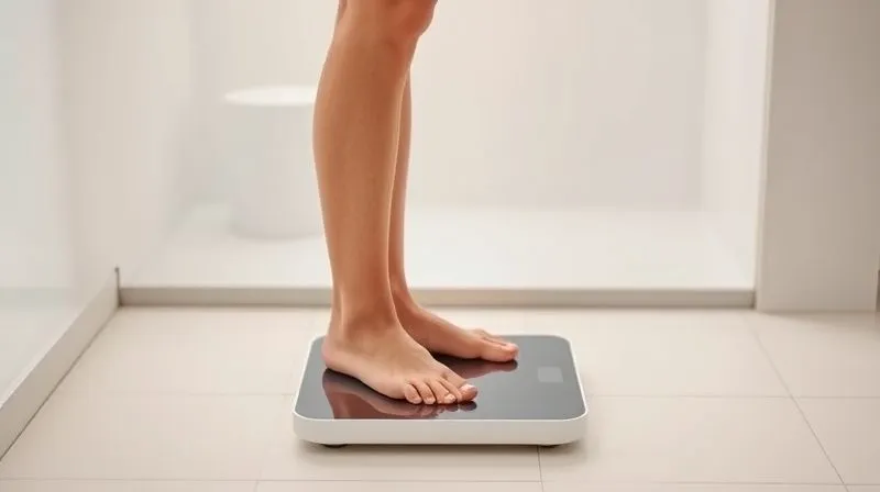A person confidently stepping onto a modern digital bathroom scale, with a genuine smile on their face, symbolizing success and satisfaction in their weight loss journey. The background is bright and clean, suggesting a fresh start and positive lifestyle. Photorealistic, professional photography, 8K, cinematic lighting, sharp focus, depth of field, shot on a high-end DSLR.
