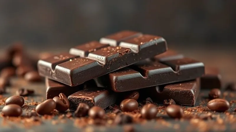 photorealistic, professional photography, 8K, cinematic lighting, sharp focus, depth of field, shot on a high-end DSLR of a dark chocolate bar broken into pieces, with a few cocoa beans scattered around, and a subtle glowing aura, symbolizing its healthy properties.