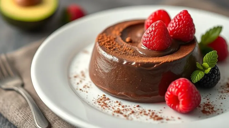 photorealistic, professional photography, 8K, cinematic lighting, sharp focus, depth of field, shot on a high-end DSLR of a beautifully plated, healthy dark chocolate avocado mousse with fresh raspberries and a sprinkle of cocoa powder, on a clean white plate, emphasizing elegance and health.