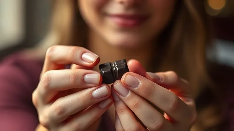 photorealistic, professional photography, 8K, cinematic lighting, sharp focus, depth of field, shot on a high-end DSLR of a person's hands gently holding a small, elegant piece of dark chocolate, with a serene expression on their face in the soft focus background, emphasizing mindful eating and enjoyment.