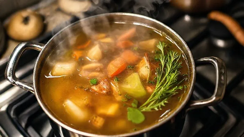 A steaming pot of rich, clear vegetable broth simmering on a stove, with visible root vegetables and herbs. Photorealistic, professional photography, 8K, cinematic lighting, sharp focus, depth of field, shot on a high-end DSLR.