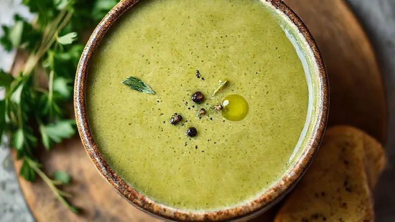 A close-up, top-down shot of a beautifully garnished bowl of pea soup, with fresh herbs, a sprinkle of black pepper, and a few drops of vibrant green olive oil, creating an artistic and appetizing composition. Photorealistic, professional photography, 8K, cinematic lighting, sharp focus, depth of field, shot on a high-end DSLR.