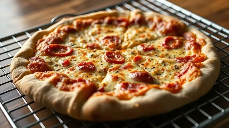 photorealistic, professional photography, 8K, cinematic lighting, sharp focus, depth of field, shot on a high-end DSLR. A close-up of a sad, slightly soggy gluten-free pizza, its crust pale and limp, lying on a cooling rack, conveying a sense of culinary disappointment.