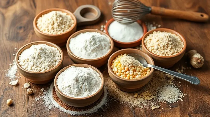 photorealistic, professional photography, 8K, cinematic lighting, sharp focus, depth of field, shot on a high-end DSLR. A variety of gluten-free flours (rice, tapioca, corn, sorghum) artfully arranged in small ceramic bowls on a rustic wooden table, with measuring spoons and a whisk, suggesting precision and culinary artistry.