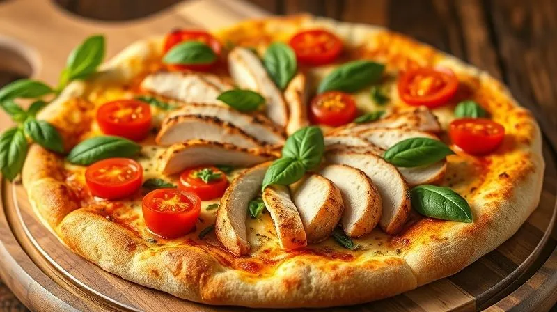 photorealistic, professional photography, 8K, cinematic lighting, sharp focus, depth of field, shot on a high-end DSLR. A perfectly baked, low-calorie gluten-free pizza with a golden-brown, crispy crust, adorned with fresh, vibrant low-calorie toppings like basil leaves, cherry tomatoes, and thinly sliced grilled chicken, beautifully presented on a wooden board, evoking health and deliciousness.