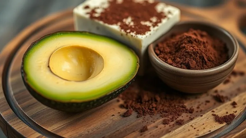 A close-up, photorealistic image of a perfectly ripe, sliced avocado next to a block of silken tofu and a bowl of rich, dark cocoa powder, all arranged on a rustic wooden board. Professional photography, 8K, cinematic lighting, sharp focus on the textures, depth of field blurring the background, shot on a high-end DSLR.