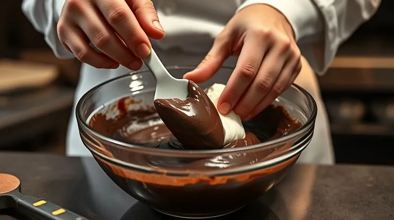A photorealistic image of a chef's hands gently folding whipped aquafaba into a dark chocolate mixture with a silicone spatula in a glass bowl. The scene is lit with warm, cinematic lighting, emphasizing the delicate technique. Sharp focus on the hands and the mixture, with a blurred, professional kitchen background. 8K hyper-detailed, shot on a high-end DSLR.