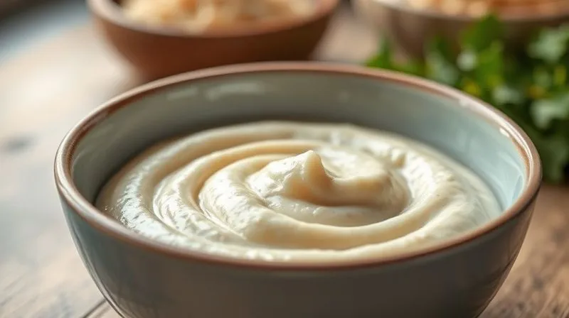 A close-up, photorealistic, professional photography shot of perfectly cooked and blended creamy millet porridge, ready for baking, in a modern ceramic bowl. Cinematic lighting highlights its smooth texture. Sharp focus on the creamy millet, with a shallow depth of field blurring a hint of a healthy kitchen background. 8K hyper-detailed, shot on a high-end DSLR, evoking a sense of healthy preparation and culinary precision.