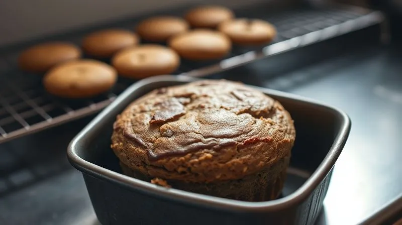 A photorealistic image of a golden-brown, perfectly baked millet brownie in a square baking pan, gently steaming, with a metal cooling rack in the background. Cinematic lighting highlights the rich texture and slight crackle on top. Sharp focus on the brownie, with a shallow depth of field blurring the kitchen environment. 8K hyper-detailed, shot on a high-end DSLR, conveying warmth and fresh baking success.