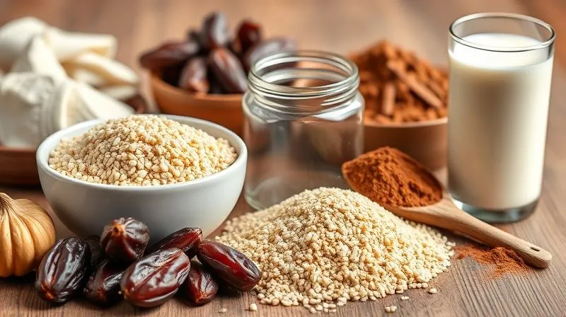 A professional studio shot of various healthy baking ingredients: a bowl of creamy blended millet, a jar of date paste, a pile of cocoa powder, and a glass of plant-based milk, all arranged aesthetically on a wooden table. Cinematic lighting, sharp focus on the ingredients, depth of field blurring the background, 8K hyper-detailed, shot on a high-end DSLR, emphasizing health and naturalness.