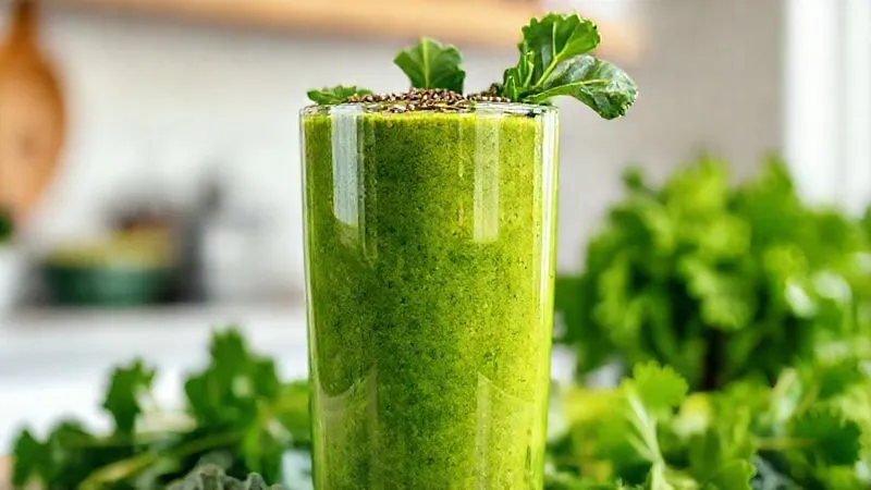 Photorealistic, professional photography of a vibrant green protein smoothie in a tall glass, overflowing with fresh spinach, kale, and a sprinkle of chia seeds. The smoothie has a thick, creamy texture. Cinematic lighting, sharp focus on the glass and its contents, depth of field blurring a clean kitchen background. 8K hyper-detailed, shot on a high-end DSLR, emphasizing freshness and volume.