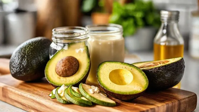 A photorealistic, professional photography shot of a wooden cutting board with a perfectly ripe, sliced avocado, a jar of creamy almond butter, and a small glass bottle of MCT oil, all arranged next to a protein shaker. Cinematic lighting, sharp focus on the ingredients, depth of field blurring a healthy kitchen environment. 8K hyper-detailed, shot on a high-end DSLR, emphasizing natural, healthy fats.