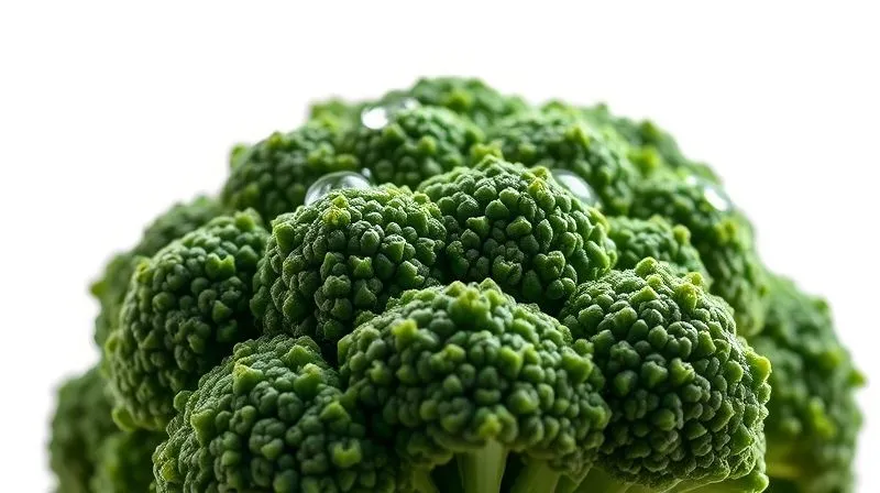 A photorealistic close-up of a single broccoli floret, glistening with a few drops of water, against a clean, bright, minimalist background. The lighting is soft and natural, emphasizing freshness and health. Sharp focus, shallow depth of field. 8K hyper-detailed, professional food photography.