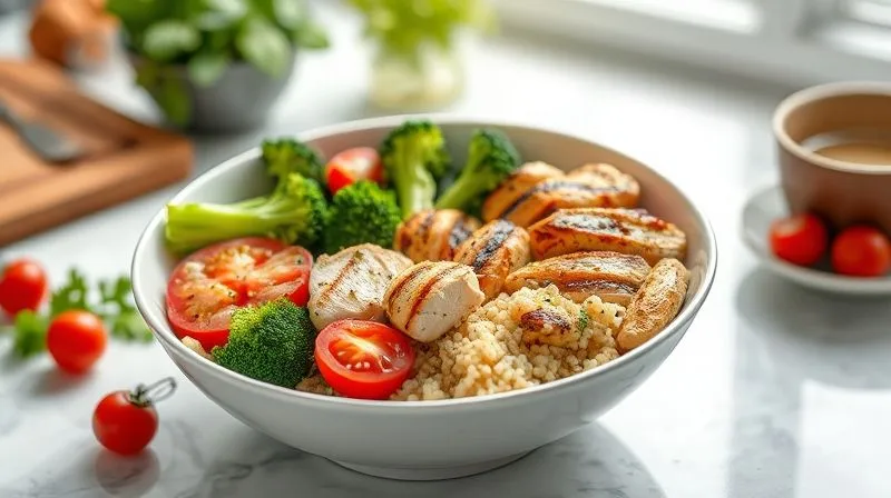 A photorealistic, professional flat lay of a vibrant, healthy meal bowl featuring steamed broccoli, grilled chicken, quinoa, and cherry tomatoes. The scene is bright and airy, with natural light. Sharp focus on the food, depth of field blurring the surrounding kitchen counter. 8K hyper-detailed, appealing, quick meal concept.