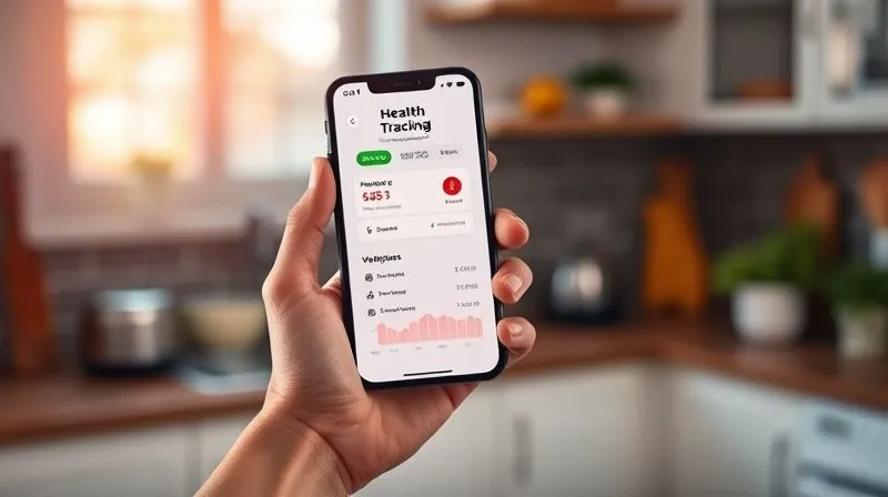A photorealistic image of a person's hand holding a smartphone displaying a simple, clean interface of a health tracking app, showing progress for weight loss and vegetable intake. The background is a subtly blurred home kitchen setting. Cinematic lighting, sharp focus on the phone screen. 8K hyper-detailed, modern, motivational.