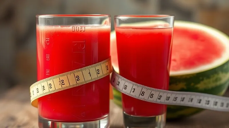 A photorealistic image of a measured glass of vibrant red watermelon juice next to a whole, ripe watermelon, with a measuring tape subtly wrapped around it, symbolizing portion control. Professional photography, 8K, cinematic lighting, sharp focus, depth of field. Shot on a high-end DSLR.