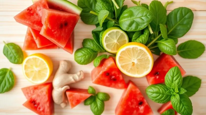 A vibrant, photorealistic flat lay of ingredients for a healthy watermelon smoothie: fresh watermelon chunks, a handful of spinach, ginger slices, a lemon, and mint leaves, arranged artfully on a light wooden background. Professional photography, 8K, cinematic lighting, sharp focus, depth of field. Shot on a high-end DSLR.