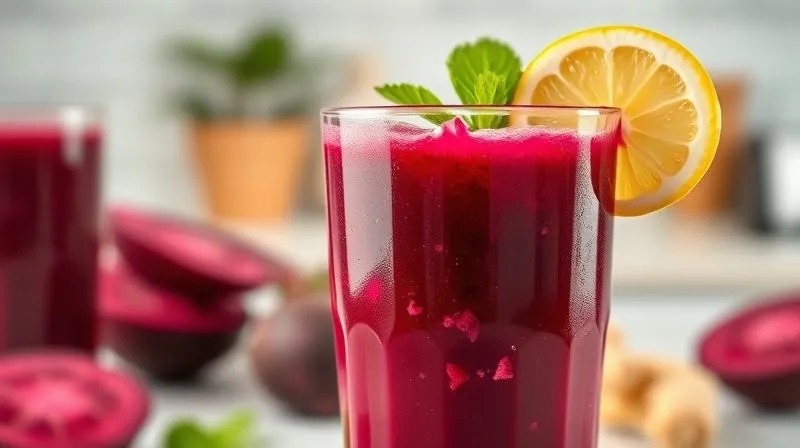 A vibrant, close-up photorealistic image of a freshly prepared glass of beet juice, with a slice of lemon and a small piece of ginger visible on the rim or beside it. The background is a bright, clean kitchen counter, suggesting freshness and health. Cinematic lighting, sharp focus, depth of field, 8K, shot on a high-end DSLR.
