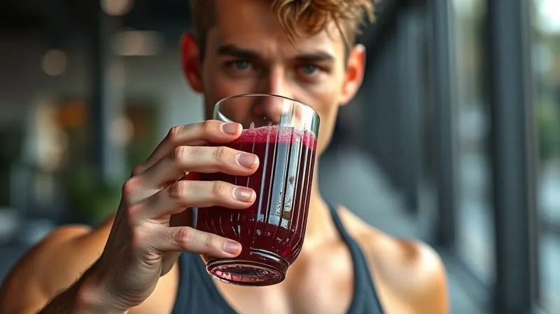 A photorealistic image of an active person (athletic build, gender-neutral) enjoying a glass of beet juice after a workout, with a slightly sweaty but energized look. The background shows a modern gym or an outdoor running path. Dynamic composition, cinematic lighting, sharp focus on the person and the juice, depth of field, 8K, shot on a high-end DSLR.