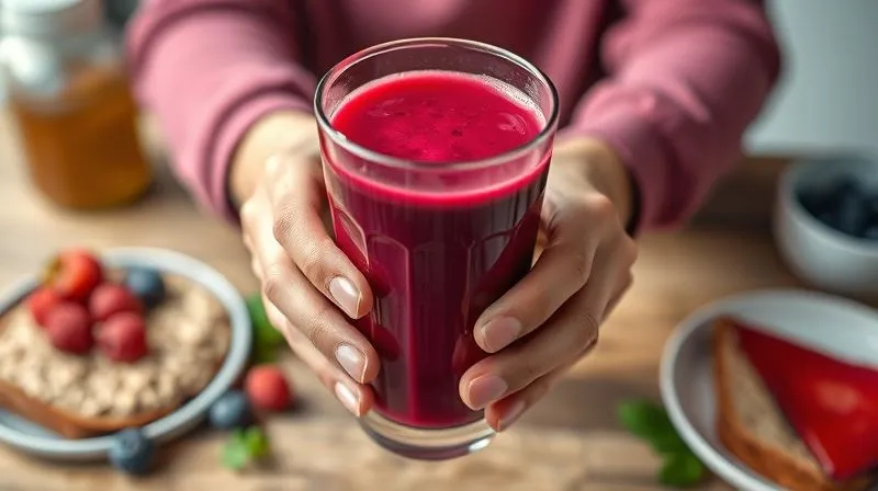 A photorealistic, professional photography shot of a person's hands gently holding a glass of vibrant beet juice, with a blurred background of a healthy breakfast spread (oatmeal with berries, whole-grain toast). The scene evokes a sense of calm, health, and a mindful start to the day. Cinematic lighting, sharp focus on the hands and glass, depth of field, 8K, shot on a high-end DSLR.