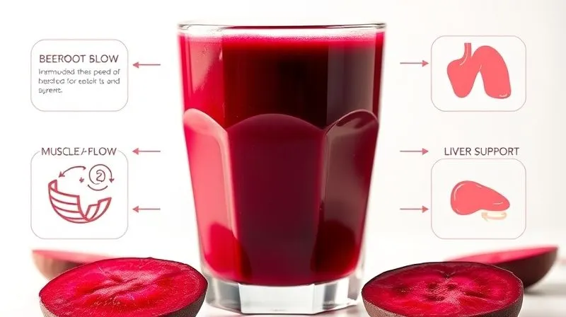 photorealistic, professional photography, 8K, cinematic lighting, sharp focus, depth of field, shot on a high-end DSLR. A vibrant, deep red glass of freshly pressed beetroot juice, glistening, on a clean white background, surrounded by scientific infographics showing improved blood flow, muscle oxygenation, and liver support. The image should convey scientific backing and health benefits.