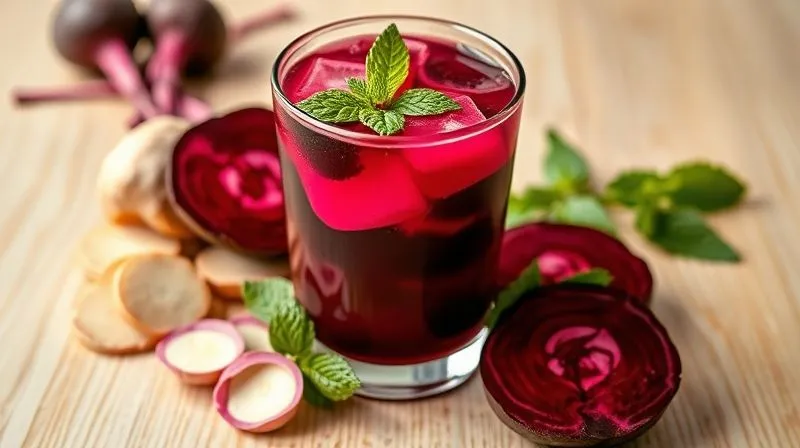 photorealistic, professional photography, 8K, cinematic lighting, sharp focus, depth of field, shot on a high-end DSLR. A glass of vibrant beetroot juice infused with thin slices of fresh ginger and a few mint leaves. The ingredients are artfully arranged around the glass on a light wooden surface, with a subtle steam rising from the juice, suggesting freshness and warmth. Focus on the texture and color of the ingredients.