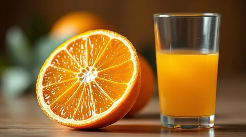 Photorealistic, professional photography, 8K, cinematic lighting, sharp focus on a vibrant, segmented orange next to a glass of freshly squeezed orange juice, illustrating the contrast between whole fruit and juice. Depth of field, shot on a high-end DSLR, natural light highlighting textures.