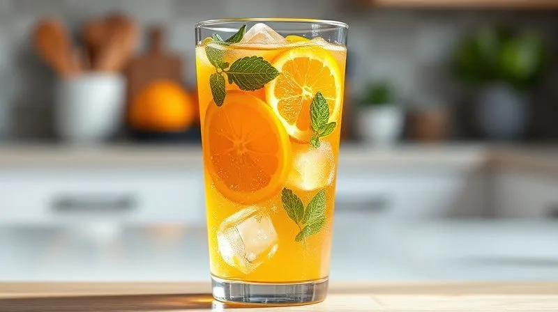 Photorealistic, professional photography, 8K, cinematic lighting, sharp focus on a glass of freshly squeezed orange juice, visibly diluted with sparkling water, with a few mint leaves and ice cubes. The background is softly blurred, suggesting a healthy kitchen environment. Depth of field, shot on a high-end DSLR, bright, clean light.