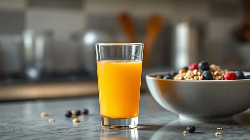 Photorealistic, professional photography, 8K, cinematic lighting, sharp focus on a small, elegant glass filled with diluted orange juice, placed on a kitchen counter next to a bowl of oatmeal with chia seeds and berries. A measuring cup is visible in the background, emphasizing portion control. Depth of field, shot on a high-end DSLR, soft morning light.