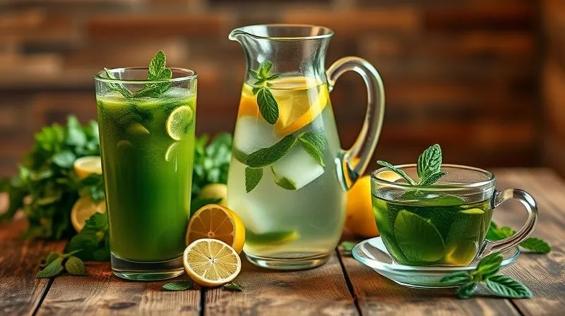 Photorealistic, professional photography, 8K, cinematic lighting, sharp focus on a vibrant array of healthy beverages: a glass of green vegetable juice, a pitcher of water with lemon and mint, and a cup of steaming green tea, arranged on a rustic wooden table. Depth of field, shot on a high-end DSLR, soft, inviting light.