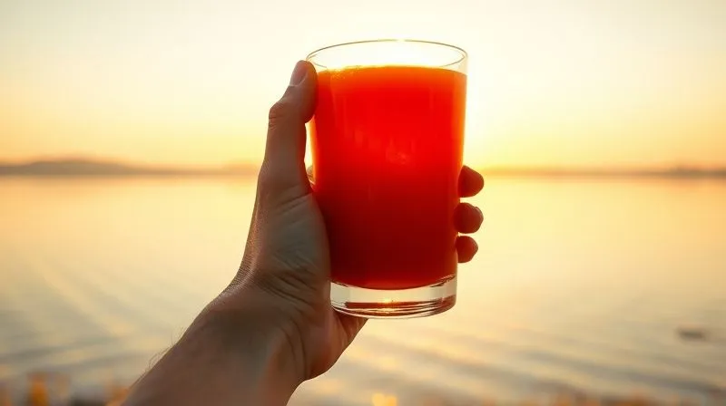 Photorealistic, professional photography of a sunrise over a calm lake, with a hand holding a glass of fresh tomato juice in the foreground, steam gently rising from the glass. The light is golden and warm, casting a gentle glow. Sharp focus on the glass and hand, depth of field blurring the serene landscape. 8K hyper-detailed, shot on a high-end DSLR.