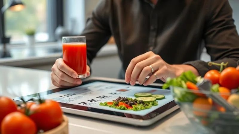 Photorealistic, professional photography of a person meticulously planning meals on a sleek tablet, with a glass of fresh tomato juice and a bowl of colorful vegetables on the side. The scene is well-lit, organized, and conveys a sense of healthy routine and intention. Sharp focus on the tablet and food, depth of field blurring a modern kitchen background. 8K hyper-detailed, shot on a high-end DSLR.