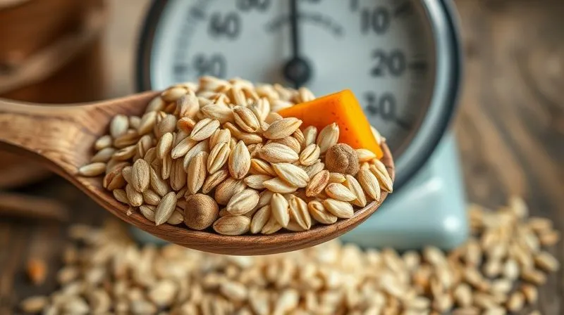 Photorealistic close-up of various whole grains and seeds (flax, sunflower, pumpkin, rye berries) meticulously arranged on a rustic wooden spoon, with a blurred background of a kitchen scale. Cinematic lighting, sharp focus, depth of field, 8K.