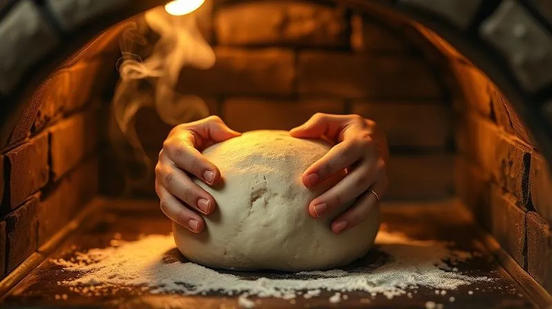 Photorealistic image of a professional baker's hands gently placing a raw whole grain bread dough into a preheated Dutch oven inside a rustic brick oven. Steam rising, warm cinematic lighting, sharp focus on hands and dough, depth of field, 8K.