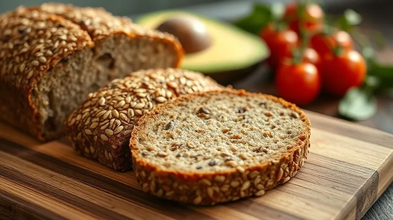Photorealistic, professional photography, 8K, cinematic lighting, sharp focus, depth of field. A slice of homemade whole grain bread, rich with seeds, on a wooden cutting board, with a blurred background of fresh avocado and cherry tomatoes, suggesting a healthy meal. Warm, inviting light.