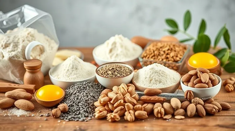 A photorealistic, professional photography, 8K, cinematic lighting, sharp focus, depth of field shot on a high-end DSLR of a beautifully arranged selection of healthy baking ingredients: various types of flour (almond, coconut, oat), eggs, protein powder, chia seeds, flax seeds, and assorted nuts (walnuts, almonds, hazelnuts) on a rustic wooden table, bathed in soft, natural light.