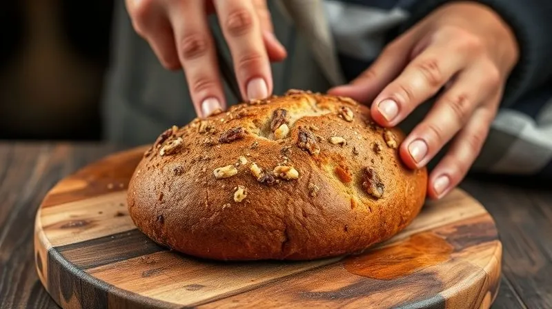 A photorealistic, professional photography, 8K, cinematic lighting, sharp focus, depth of field shot on a high-end DSLR of a person's hands gently slicing a freshly baked, perfectly golden-brown nut bread on a rustic wooden board, with steam subtly rising. The scene conveys warmth, satisfaction, and the joy of healthy homemade food.